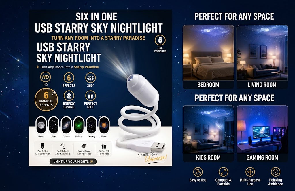 6-in-1 USB Starry Sky Nightlight – Flexible Mini Projector Lamp