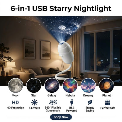 6-in-1 USB Starry Sky Nightlight – Flexible Mini Projector Lamp