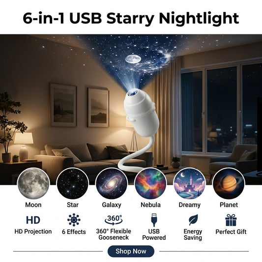 6-in-1 USB Starry Sky Nightlight – Flexible Mini Projector Lamp
