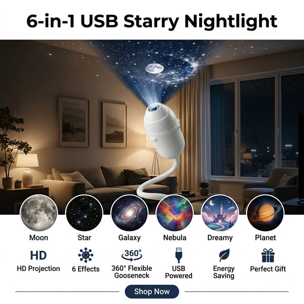 6-in-1 USB Starry Sky Nightlight – Flexible Mini Projector Lamp