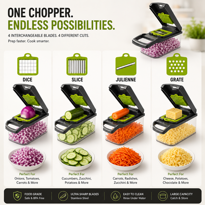 4-in-1 Vegetable Slicer & Chopper – Safety Hand Guard ke Sath