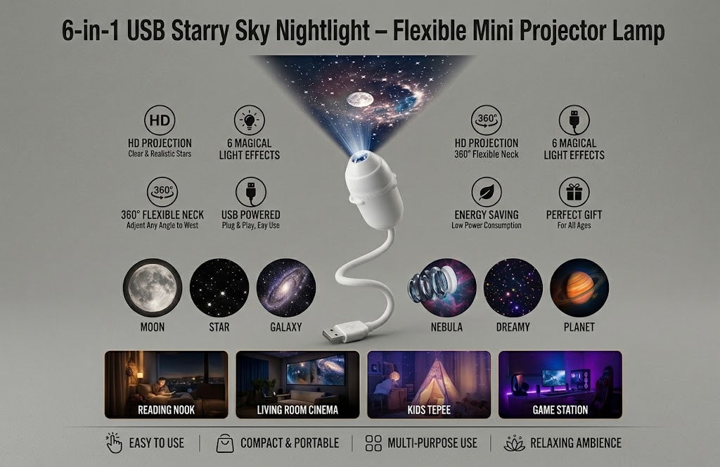 6-in-1 USB Starry Sky Nightlight – Flexible Mini Projector Lamp