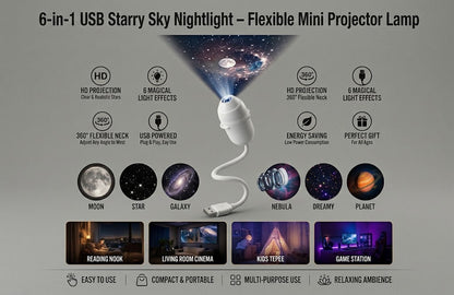 6-in-1 USB Starry Sky Nightlight – Flexible Mini Projector Lamp