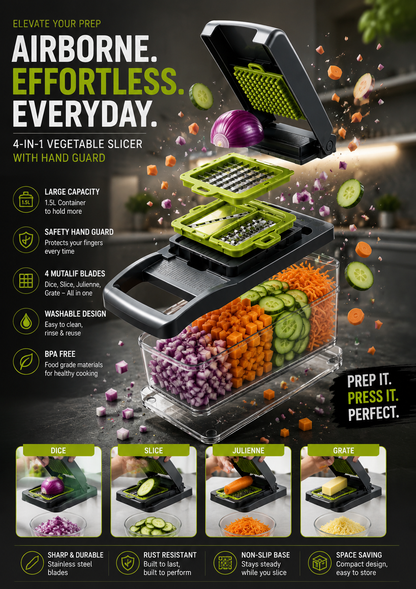 4-in-1 Vegetable Slicer & Chopper – Safety Hand Guard ke Sath