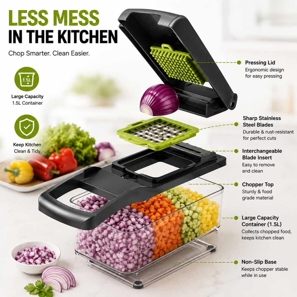 4-in-1 Vegetable Slicer & Chopper – Safety Hand Guard ke Sath